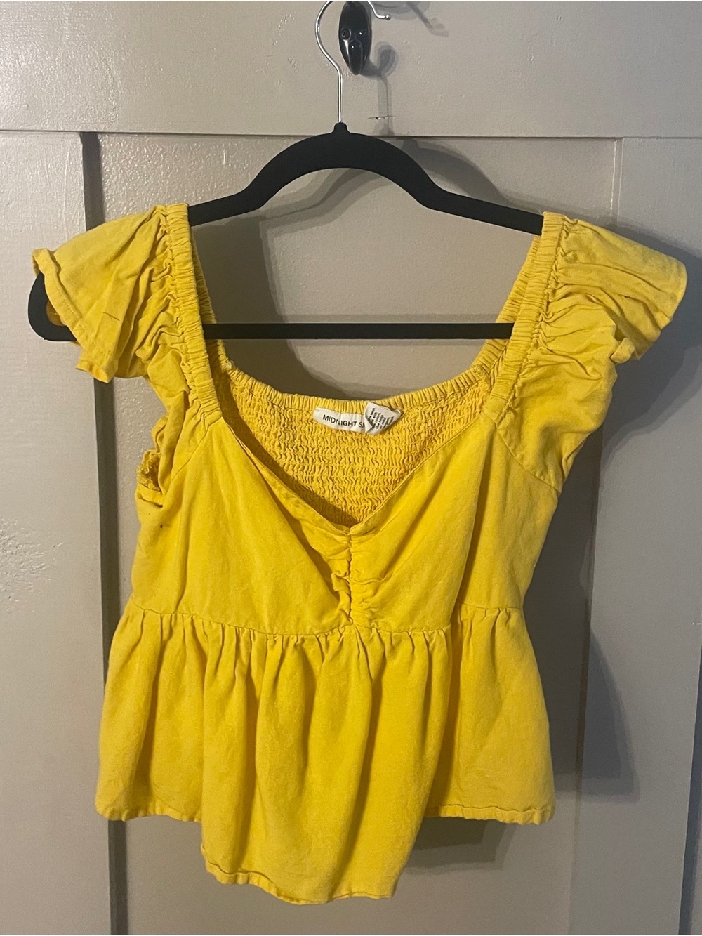 Yellow Smocked Peplum Blouse with Flutter Sleeves - S